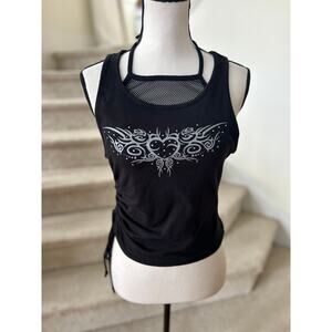 Hot Topic Black Ruched Mesh Halter Rhinestone Heart Moto Graphic Tank Top